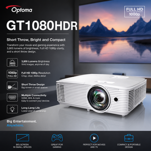 Vidéoprojecteur de Jeu à Courte Focale N-<span class=keywords><strong>Optoma</strong></span> GT1080HDR 3800 Lumens avec HDR <span class=keywords><strong>4K</strong></span>, Full HD 1080P et 3D pour Petites Pièces et Bureaux - Product Image 1