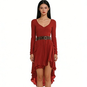 เดรสผู้หญิงสีสนิมแบบไฮโลว์ - แขนเสื้อเป็นชั้น คอวี ทรงพลิ้วไหว ความยาวปานกลาง แฟชั่นชุดเดรสผู้หญิง - Product Image 2