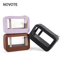 NOVOTE Trousse de Maquillage Personnalisée en Cuir PU Grande Capacité avec Fermeture Éclair, Imperméable, Doublure Transparente en PVC, Double Couche, Tendance et Portable