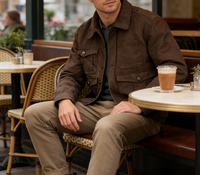Veste de travail pour homme en toile marron vintage délavée, imperméable et respirante, avec col rabattu brodé et revers en velours côtelé, longue, pour le printemps