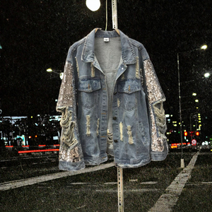 Nouvelle veste en jean à paillettes réversible pour femme Veste en jean à manches longues ample avec personnalité - Product Image 2