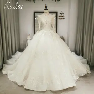 ZW00057 High Neck Long Sleeveless Sequined Wedding Gowns Pearls Tulle A-Line Bridal Wedding Dress