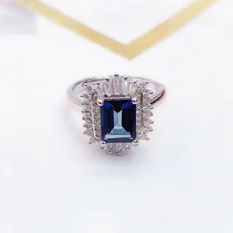 vintage gemstone jewelry wholesale 925 sterling silver 18k white gold plated 6x8mm natural tanzanite blue topaz ring