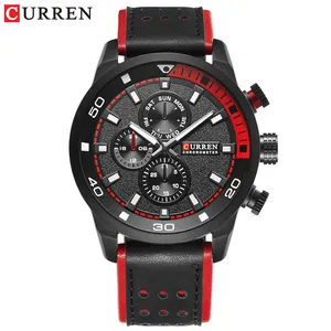 CURREN 8250 优雅的红色男士石英手表豪华 PU 皮带防水大复古休闲手表设计