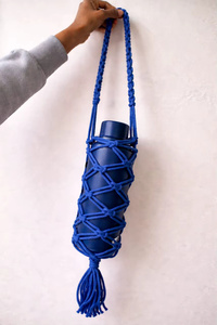 Blue Macrame Water <b>Bottle</b> <b>Carrier</b> With Tassels Bohemian Hanging Drink Holder Handmade Rope Bag For Yoga Travel - Product Image 1