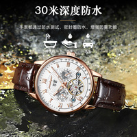 Herren Automatikuhr mit Offenem Zifferblatt, Römischen Ziffern, Drei Hilfszifferblättern, Datumsfenster, Lederarmband, Business-Luxus