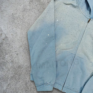 Custom 2025 Streetwear Heavyweight Rhinestone Hoodie Unisex Blanco Vintage Sun Faded Acid Wash Zip Up Sudaderas con capucha de gran tamaño - Product Image 4