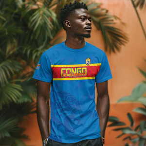 T-shirt personnalisable avec nom/nombre de l'équipe nationale de football du Congo, « Les Léopards », maillot à manches courtes bleu avec imprimé léopard - Product Image 3