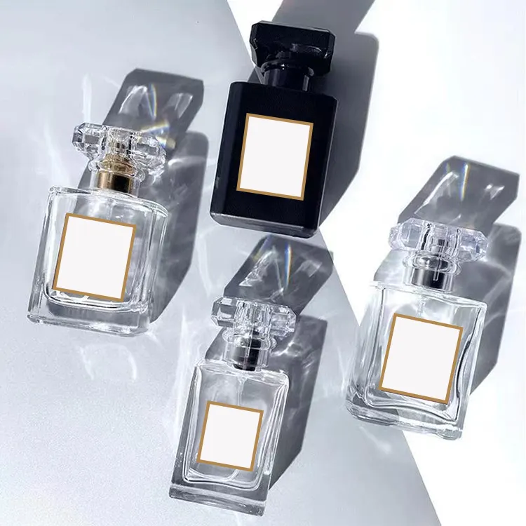 Frasco de perfume de vidro vazio luxuoso com logotipo personalizado, frasco de perfume de 30ml, 50ml e 100ml com caixa