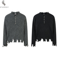 Pull en maille ras du cou déchiré pour homme, style rétro simple et design, idéal pour l'hiver