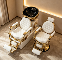 Ensemble de fauteuils de lavage de luxe blancs et dorés pour salon, fauteuil de barbier vintage avec bassin en céramique doré pour hommes, salon de beauté et barbier
