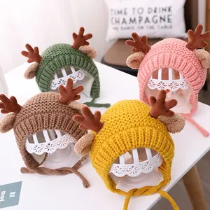 热卖男童女童冬季保暖头套可爱动物亚克力帽子婴儿圣诞帽麋鹿鹿角针织儿童帽