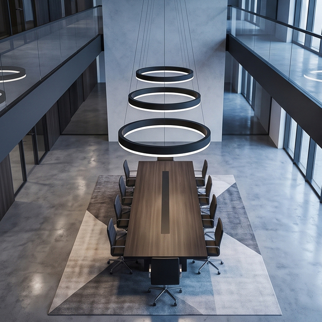 Modern Circular LED Chandelier Black Ring Hanging Pendant Light for Office Meeting Room Hotel Lobby Decor