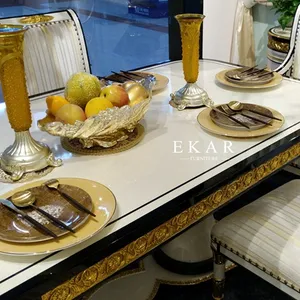 طاولة طعام ملكية أوروبية, طاولة طعام فاخرة ملكية أوروبية عتيقة لغرفة الطعام كلاسيكية من خشب البتولا منحوتة مستطيلة الشكل باللون الذهبي