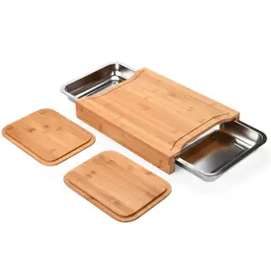 Planche à découper en bois de bambou Bloc à découper Planche à découper en bois avec plateau en acier inoxydable, attrape-jus, deux couvercles en bambou - Product Image 1