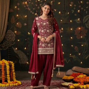 Kurti bordado de color granate para mujer, con pantalones y dupatta a juego, conjunto salwar, ideal para fiestas, bodas y eventos festivos. - Product Image 2
