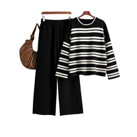 Ensemble tricoté d'hiver Blubelle pour femmes, pull à col rond rayé + pantalon large, ensemble deux pièces