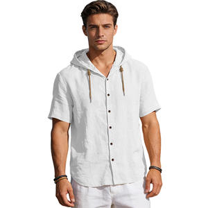 Camisa de Lino con Capucha para Hombre, Manga Corta, Transpirable, Corte Holgado, Informal, Ligera, con Cordón Ajustable - Product Image 2