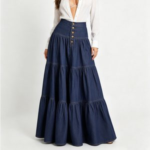 Jupe longue en jean à volants taille haute pour <span class=keywords><strong>femme</strong></span>, style vintage délavé, boutonnée, bohème décontracté, vente en gros - Product Image 1