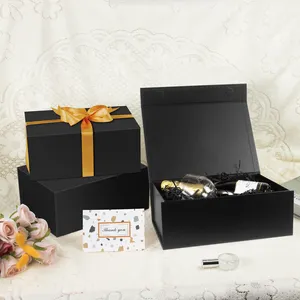 Custom Printing Foldable Black Luxury Magnet Closure Magnetic Lid Bridesmaid Gift Rigid Paper Box Packaging for Handbag Garment
