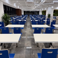 Table repas 4 places intégrée dossier sourire, plateau mélaminé cadre métallique pour cantine école usine restauration rapide
