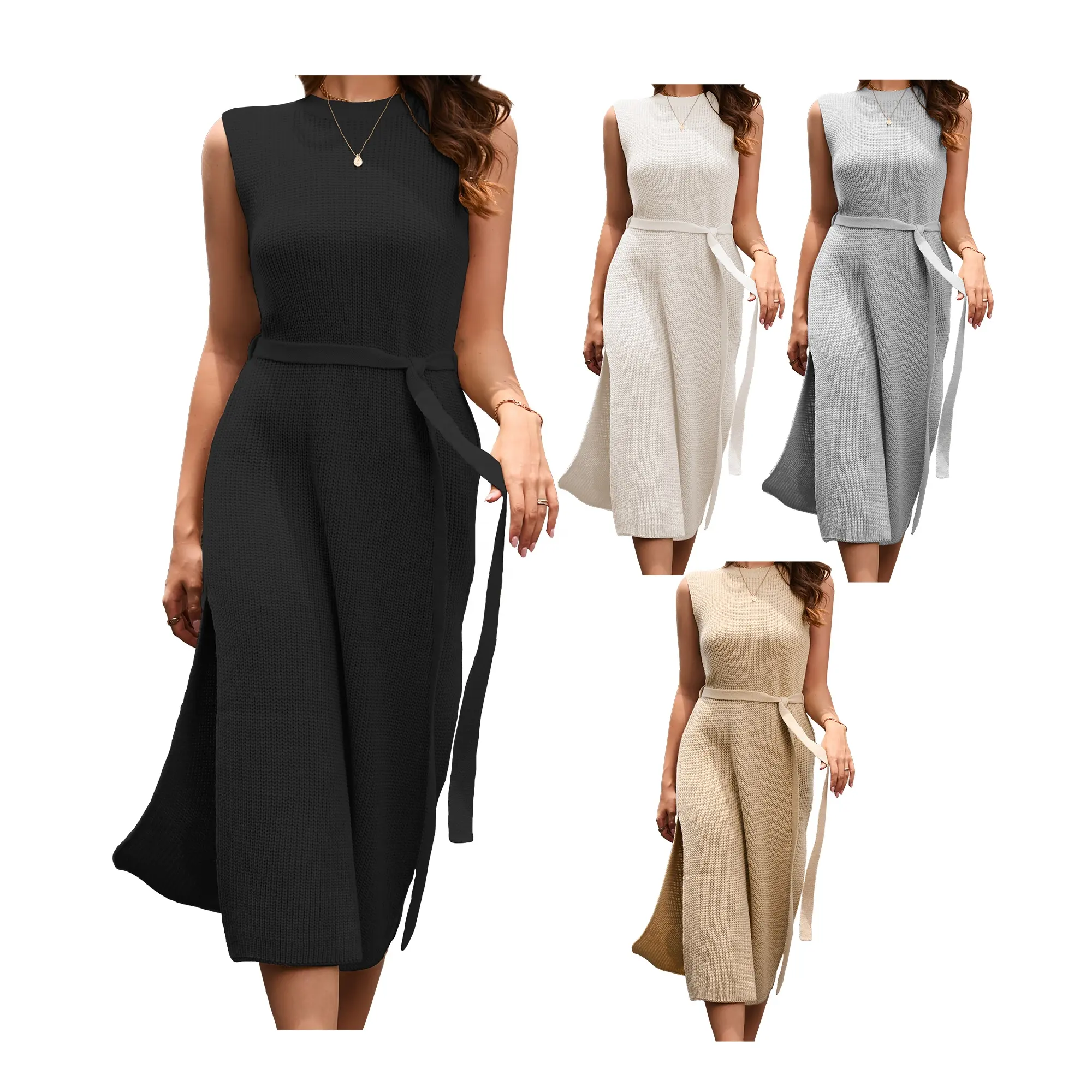 2024 New Solid Color Sleeveless Round Tie Belt Knitted Dress Fashion Commuter Slit Skirt Women