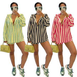 Automne femmes vêtements Offre Spéciale printemps décontracté Street Wear à manches longues dépouillé imprimé chemise et short 2 pièces ensemble - Product Image 6