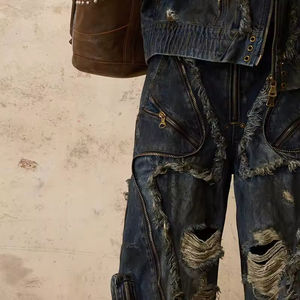 Custom Distressed Stonewashed Knitted Zipper Vintage Straight Leg Button Denim Pant Baggy Winter Print Jean <strong>Trouser</strong> <strong>Men</strong> - Product Image 5