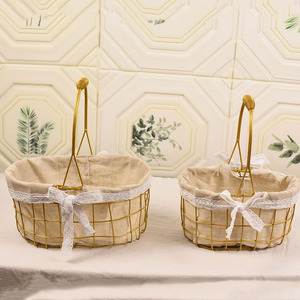 <b>Wire</b> <b>Basket</b> With Linen Lining Gold Handle Round Shape For Decorative Use - Product Image 2