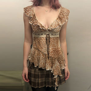 T-shirt asymétrique d'été en maille à imprimé fauve avec ourlet à volants, col en V sexy et design à nouer, haut chic et tendance - Product Image 3