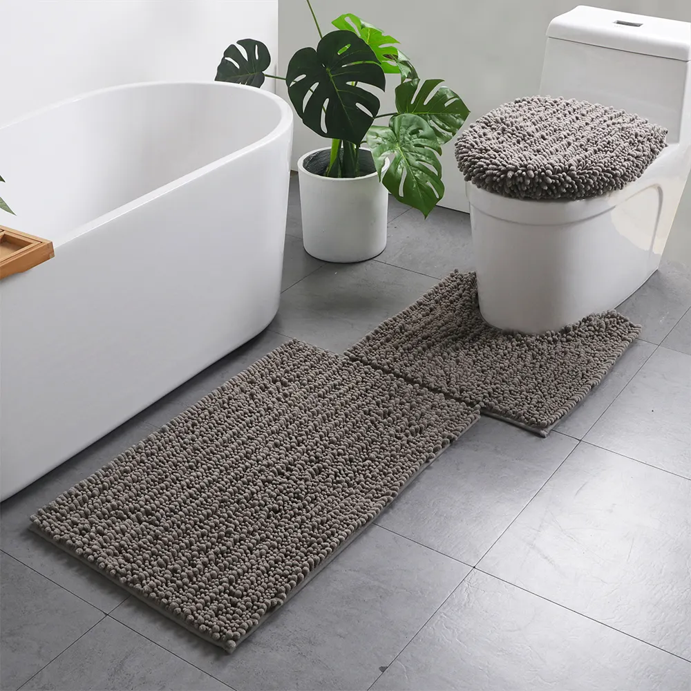 Fast delivery custom size gray black 3 pieces chenille fuzzy bathroom rugs 3pcs bath mats