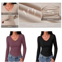 Haut côtelé à manches longues et col en V pour femme, coupe ajustée, basique, décontracté, doux et extensible, idéal pour les tenues quotidiennes - Personnalisation OEM