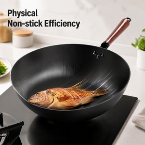 Deep Carbon Steel Chinese Wok Secure Riveted Wooden Handle Stir Fry <b>Pan</b> Extra Deep Non Stick Frying <b>Pan</b> Without Chemical Coating - Product Image 4
