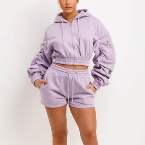 Conjunto de Chaqueta Corta y Pantalones Cortos de Algodón para Mujer, de Alta Calidad, de 2 Piezas, con Bordado y Estampado, Estilo Cortavientos, con Cremallera, Talla Grande, para Otoño - Product Image 1