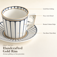 Tasse à café et soucoupe en porcelaine fine à rayures bleues vintage 200 ml, avec bordure dorée de luxe, ensemble de tasses à thé pour la maison, le bureau, un cadeau de mariage