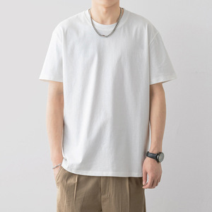 T-shirt à manches courtes tricoté en coton 100% pour hommes, haut à col ample et à la mode, couleur unie, décontracté, 180 grammes-250g - Product Image 5