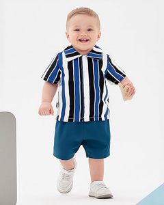 Vêtements d'été pour garçons <span class=keywords><strong>de</strong></span> haute qualité beau costume Style britannique nouvelle <span class=keywords><strong>chemise</strong></span> à manches courtes rayée marine pour enfants ensemble deux pièces - Product Image 2