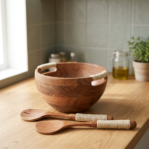 Tazón de Servir de Madera de Mango Ecológico Hecho a Medida con Cuchara Incrustada, Patrón Decorativo, Diseño Moderno, Acabado Pulido para Reventa TAQI - Product Image 5