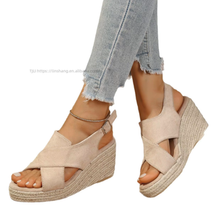 Women Summer European and American Style Hemp Rope Bottom Cross Strap Wedge <b>Sandals</b> Thick Sole Platform Hollow Roman <b>Sandals</b> - Product Image 5