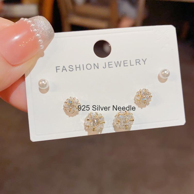 3# Boucles d'oreilles ensemble boule Or-Zircon (plaqué or véritable épais)