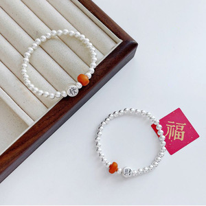 999 Pure <b>Silver</b> Bracelet With Amber <b>Beads</b> Unisex Gift Jewelry - Product Image 3