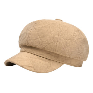 Casquette de rue tendance pour femme, automne-hiver, style britannique, octogonale, en PU rayé, style journaliste, nouvelle casquette à large bord, beret tendance - Product Image 2