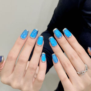 Faux <span class=keywords><strong>ongles</strong></span> à presser carrés moyens, style simple, bleu profond, <span class=keywords><strong>saphir</strong></span> œil de chat - Product Image 1