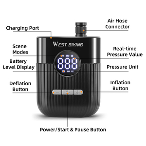 <span class=keywords><strong>Pompe</strong></span> à vélo électrique WEST BIKING rechargeable à gonflage rapide avec manomètre, valve Presta et Schrader, gonfleur automatique pour pneus et ballons - Product Image 3