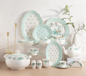 Wholesale Custom Floral Ceramic Dinnerware Set, Mint Green Porcelain Tea & Dinner Set, Free Logo & Pattern Design Available - Product Image 4