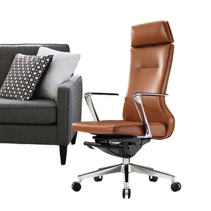 Fauteuil de bureau de direction de luxe en cuir véritable marron, inclinable, ergonomique, avec dossier en maille, design moderne - Product Image 1