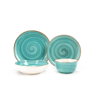 Organic Shape Highland 16pc Ceramic Stoneware Dinner Set Swirl Turquoise Popular Special Design Kitchen Household <strong>Dinnware</strong> Sets - Product Image 2