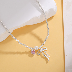 LT-228 Broken <strong>Silver</strong> Bow Heart-shaped <strong>Necklace</strong> <strong>Unique</strong> and Versatile High-end Collarbone Chain for Women - Product Image 1