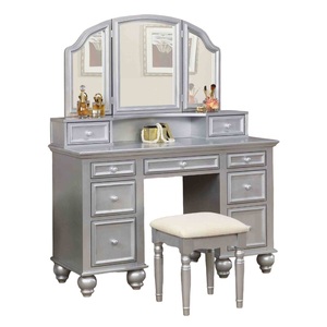 Transitional Style Solid Oak Wood 1pc Vanity W/ Stool Set Knob Handles Storage Drawers 3-Sided <b>Mirror</b> Silver Hotel Living Room - Product Image 5