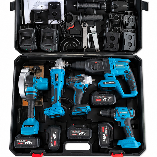 21V 5-in-1 Brushless Cordless Power Tool Set Power Drill Electric Wrench Grinder Electric Hammer Kit Lithium Battery Tools
